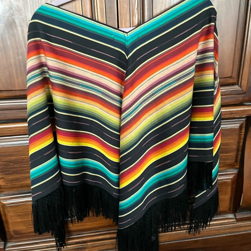 Multicolor Striped Poncho with Fringe
